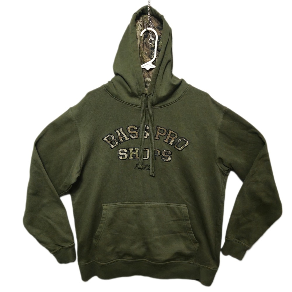 Bass Pro Shops Mens Medium Olive Green Camo Logo Pullover Hoodie Drawstring - Picture 1 of 8